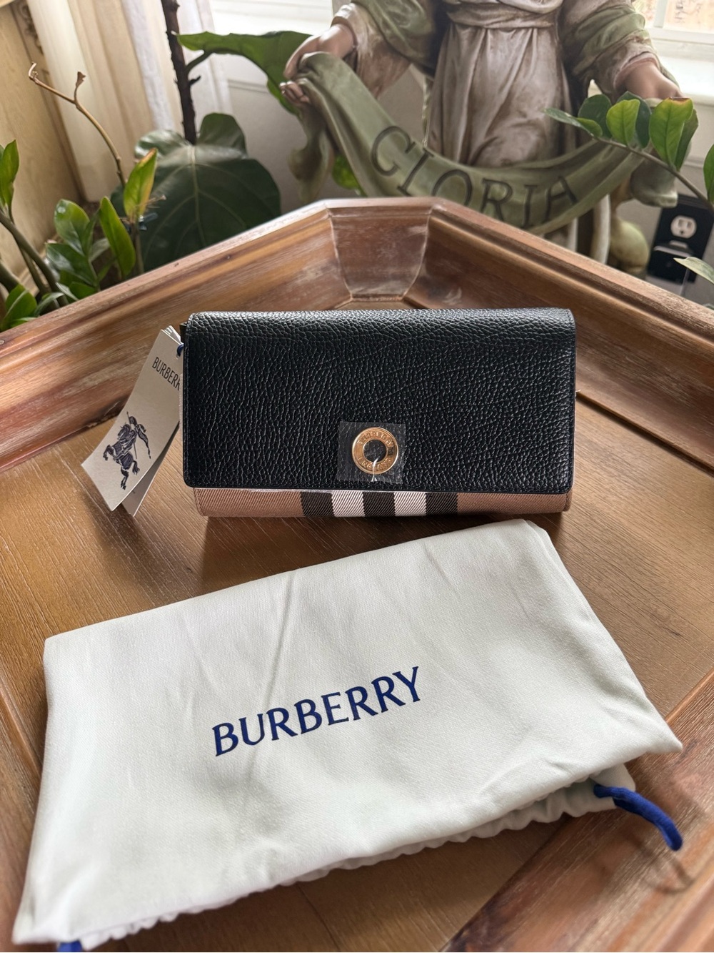 Burberry Black & Taupe Leather Continental Wallet with Signature Stripe